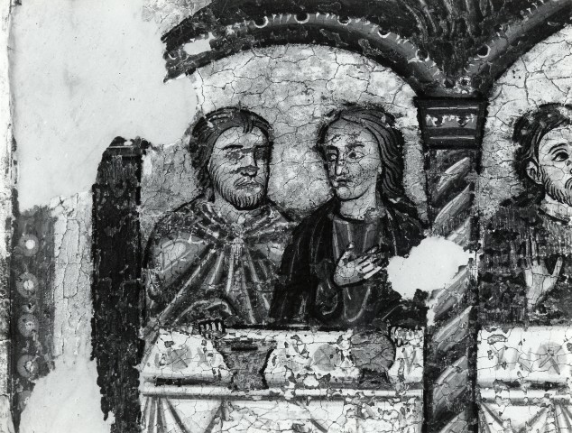 Anonimo — Anonimo senese - sec. XIII - Paliotto del 1215: Banchetto alla presenza del Crocifisso, convitati — particolare, dopo il restauro del 1973